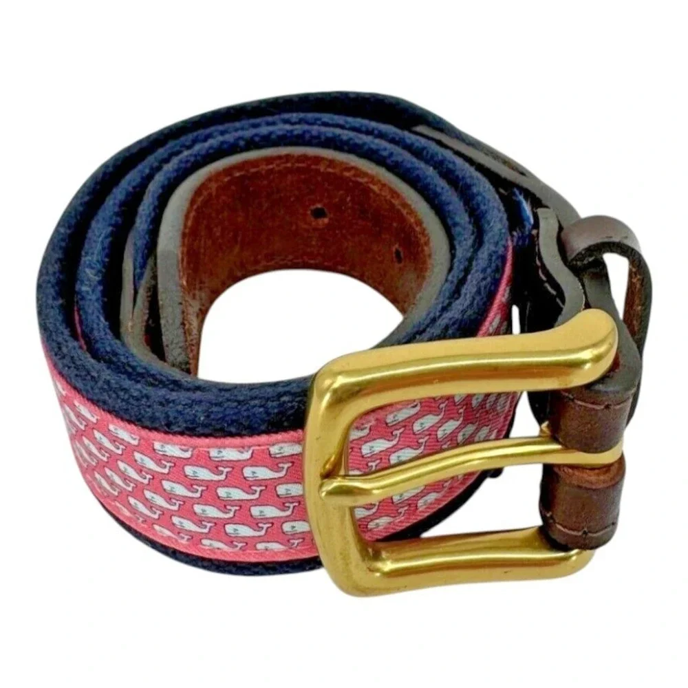 Vineyard Vines Men's Blue Woven Cotton Pink Canvas Whale Logo Golf Belt Size S/M